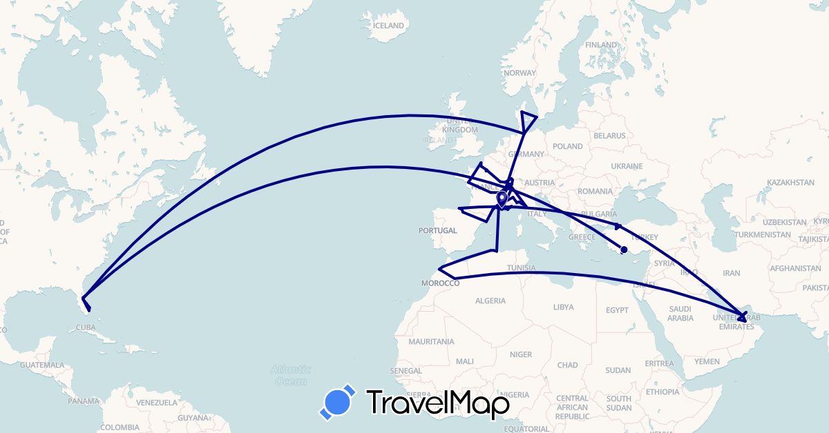 TravelMap itinerary: driving in United Arab Emirates, Switzerland, Germany, Denmark, Algeria, Spain, France, Italy, Morocco, Monaco, Turkey, United States (Africa, Asia, Europe, North America)